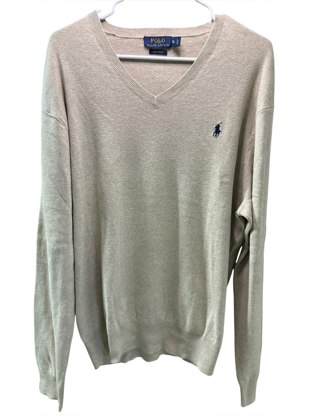 Polo by Ralph Lauren Men's V-Neck Sweater‎ in Light Beige Blue Logo Size XL